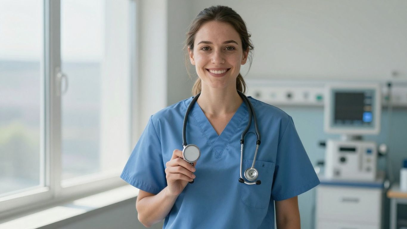 CNA smiling with stethoscope in a healthcare setting.