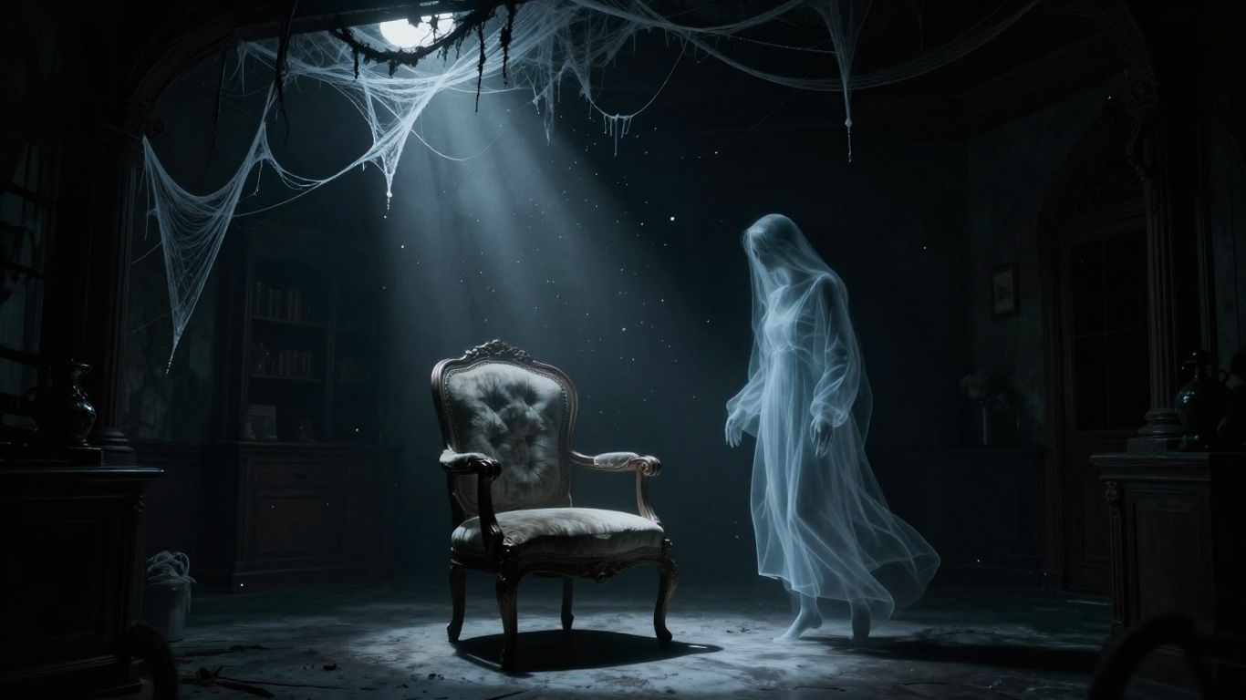 Figura fantasmagórica em sala escura e antiga.