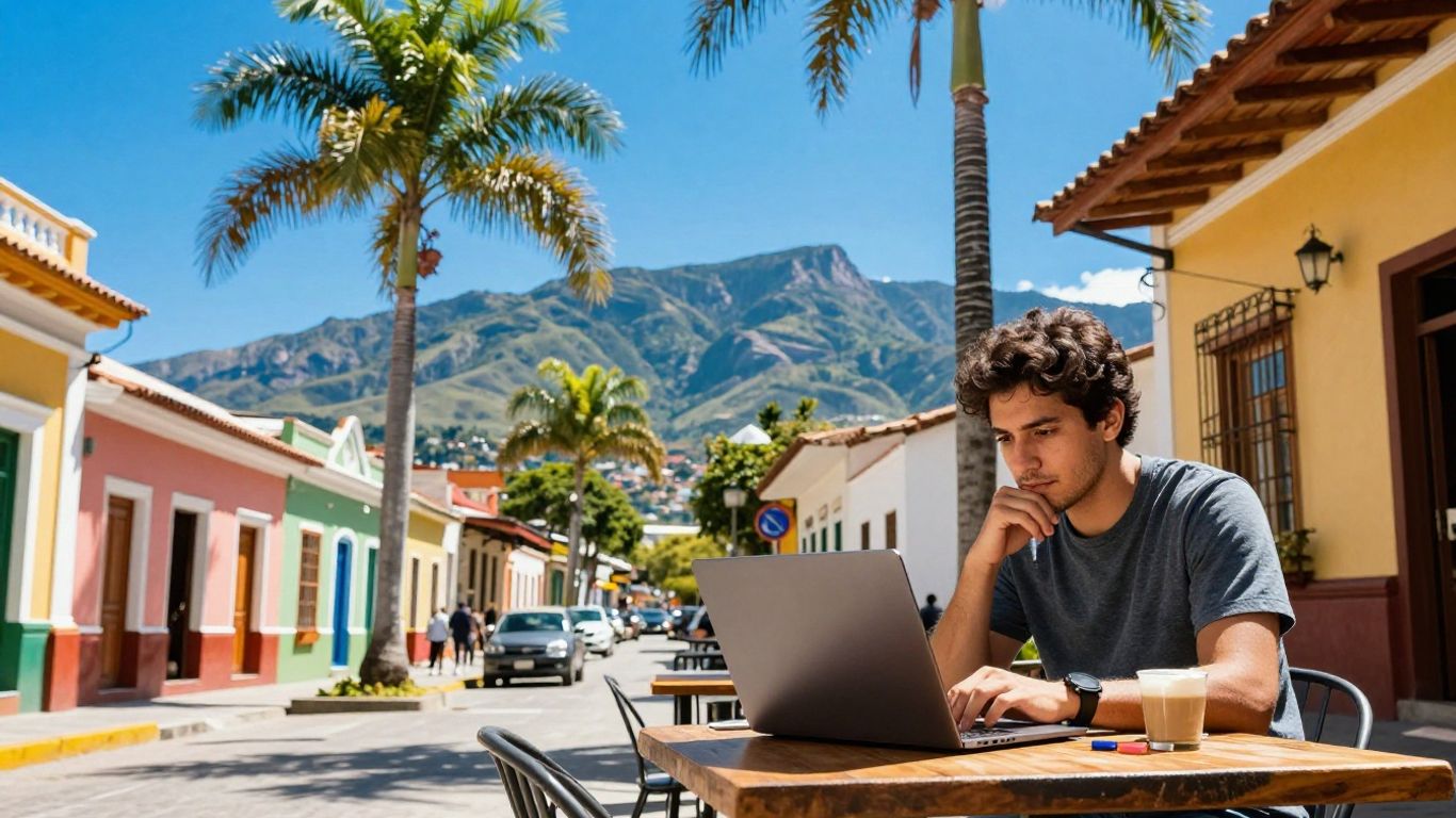 Digital nomad working outdoors in a South American city.