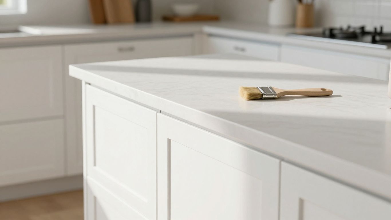 Newly painted kitchen cabinets with a painter's brush.