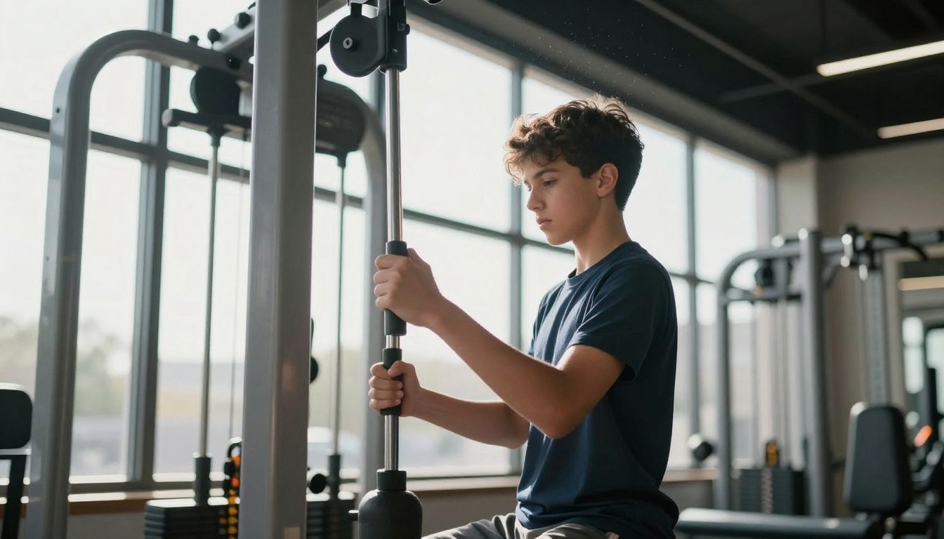 Teenager using gym equipment, starting fitness journey.