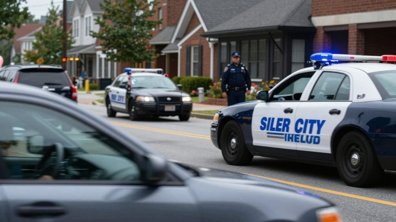Siler City street with police car and speeding vehicle.