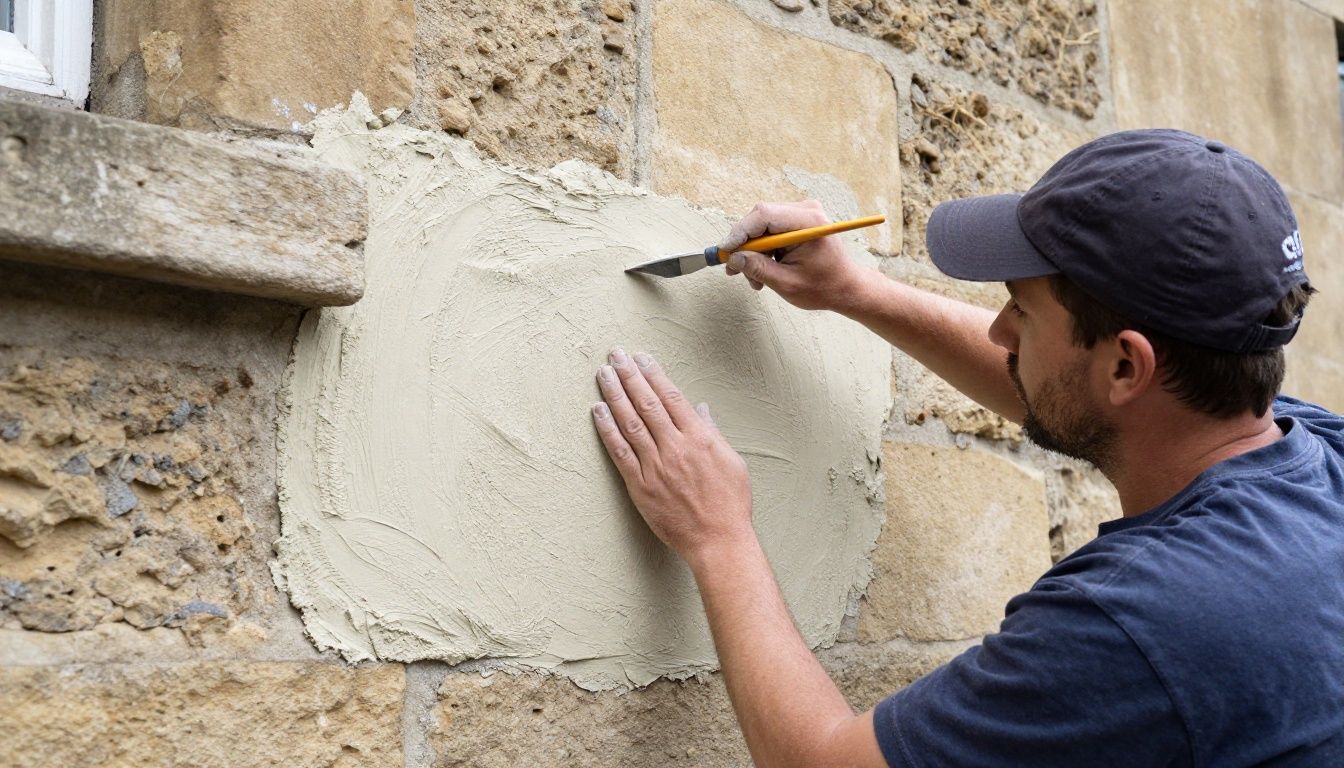A heritage plasterer applying traditional lime plaster to an old stone wall in a Bristol period property