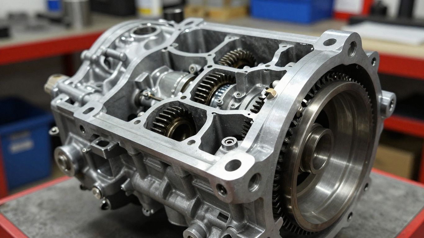 Close-up of a rebuilt automatic transmission with clean metal parts.
