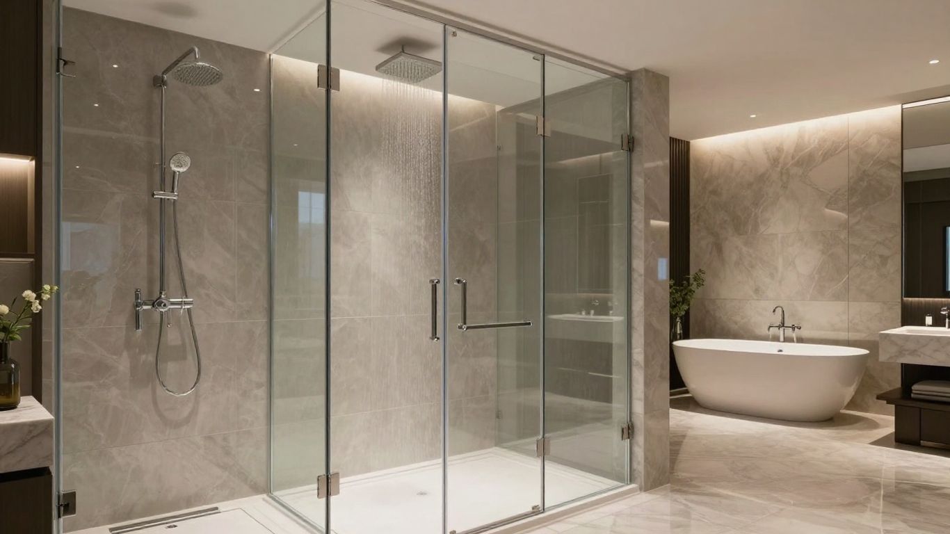 Luxurious walk-in shower with spa-like features.