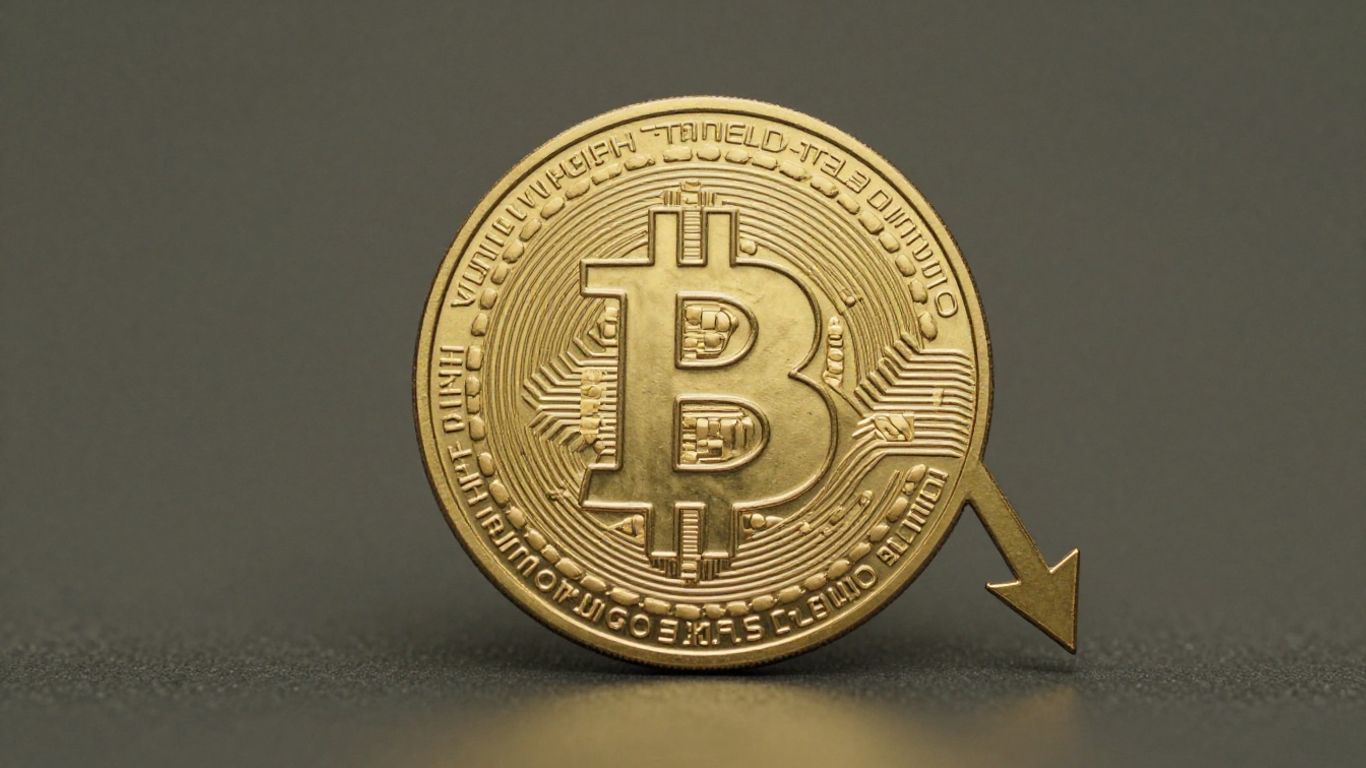 Bitcoin coin with a downward arrow indicating price drop.