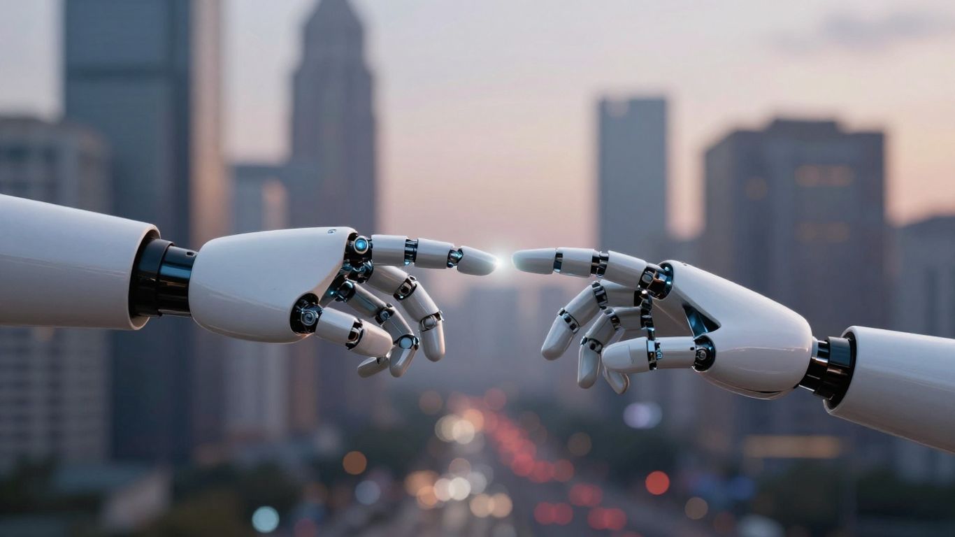 Robot and human hands connecting, digital glow, cityscape background.