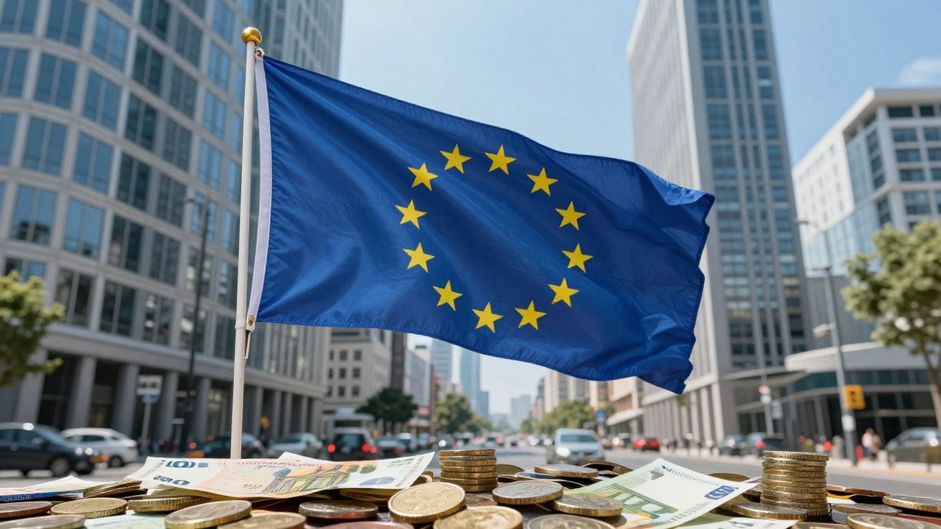 Steagul UE și clădiri moderne, simbolizând fondurile europene.