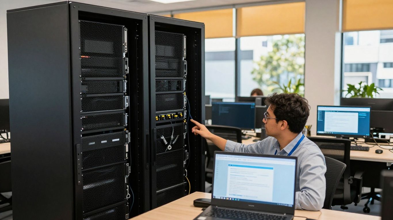 Technician reviewing business network equipment onsite