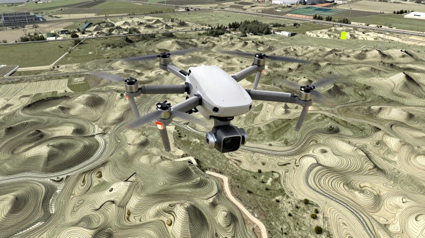 Drone surveying uneven land with contour lines.