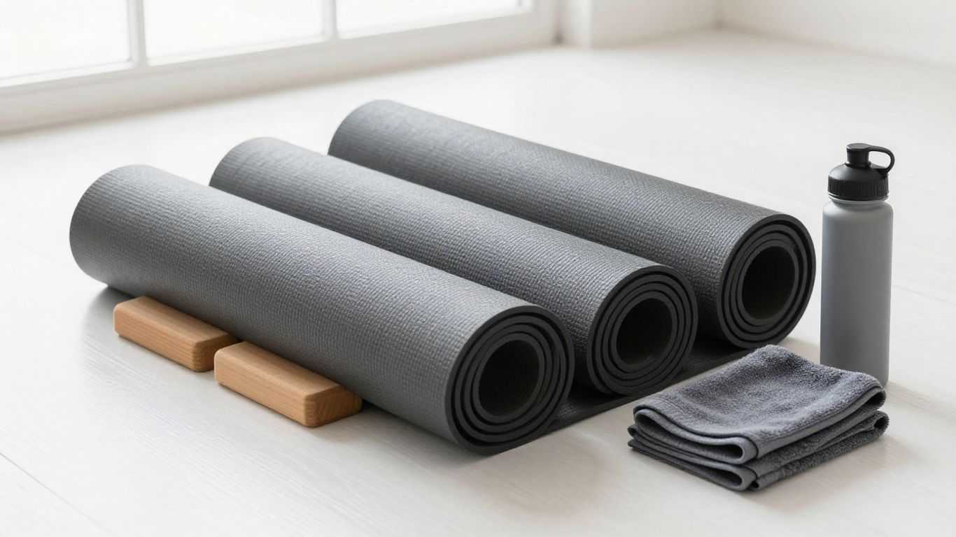 Rolled PVC yoga mat beside blocks