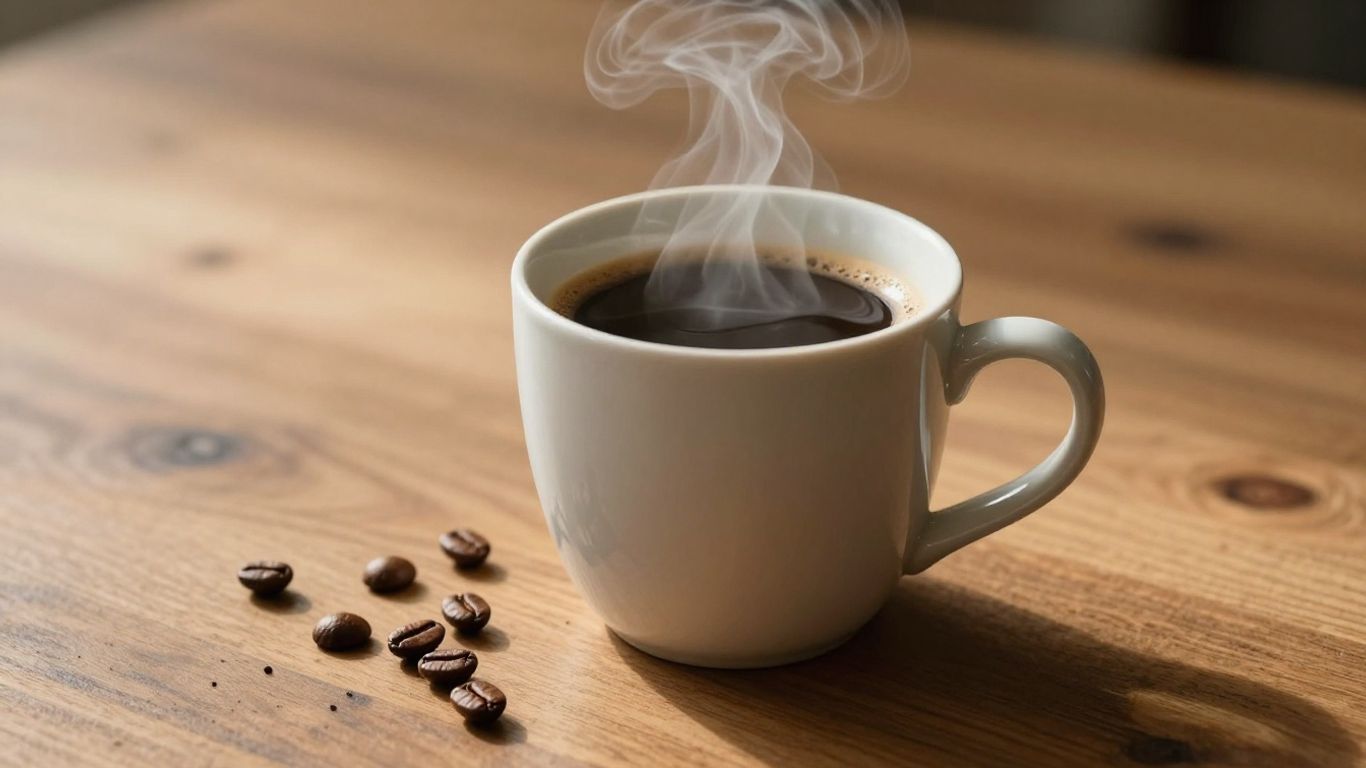 Steaming mug of coffee with coffee beans on a table.