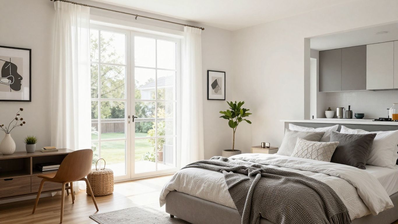 Modern Airbnb living room and bedroom setup.