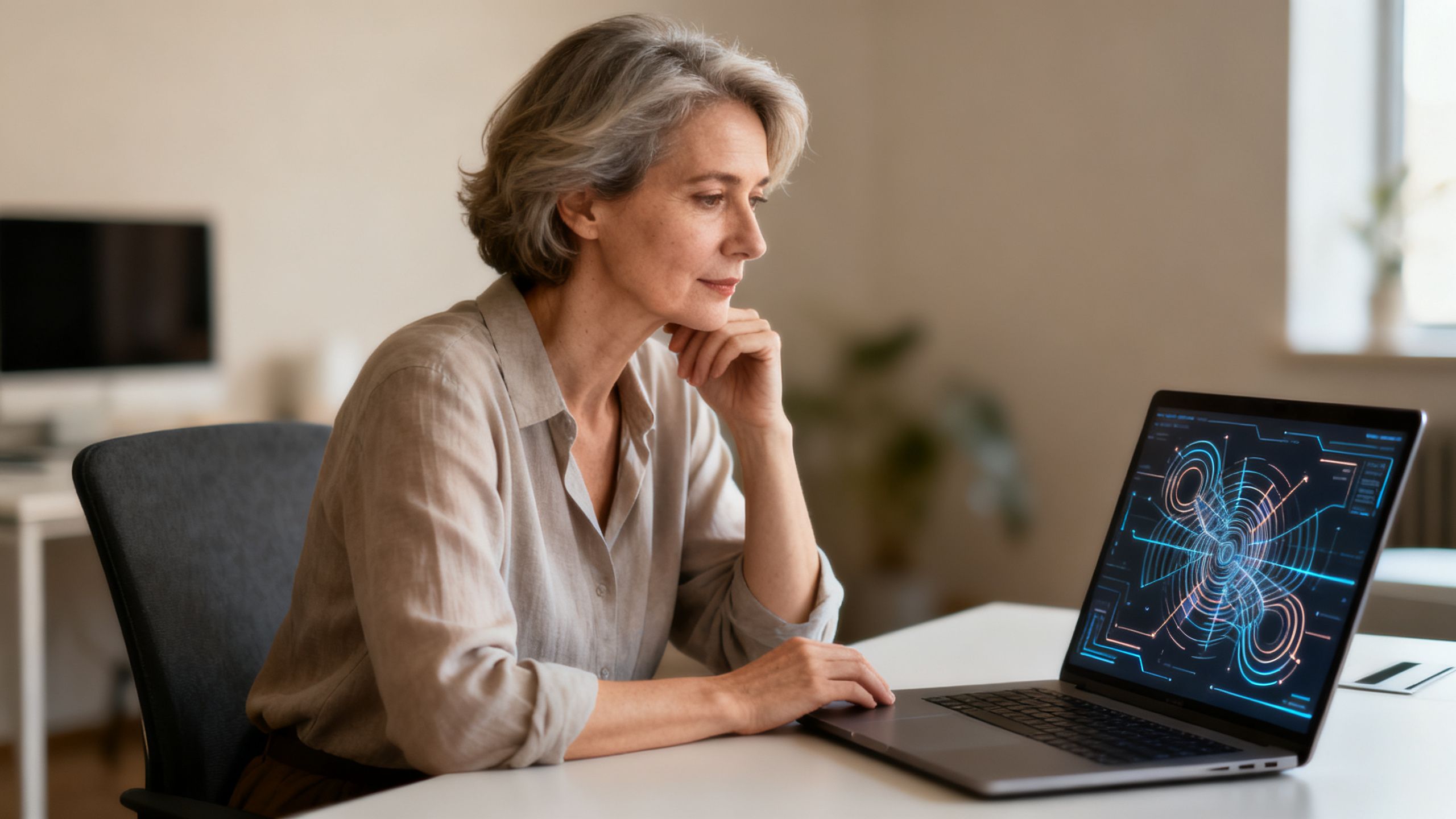 Coach using AI on laptop for professional development.