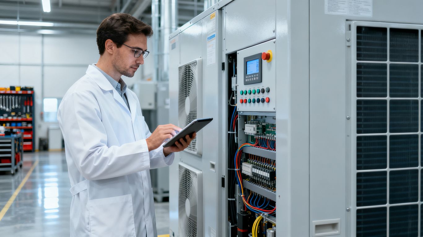 Technician reviewing professional climate control equipment records