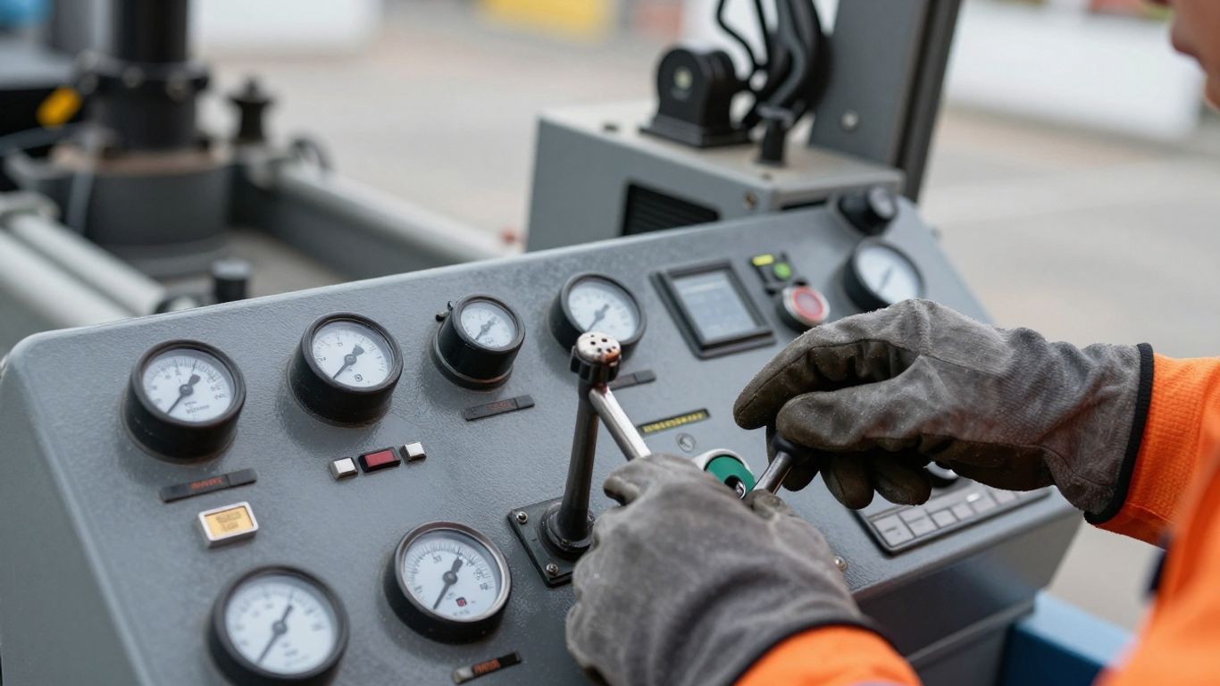 Mobile crane control panel with worker's hand.