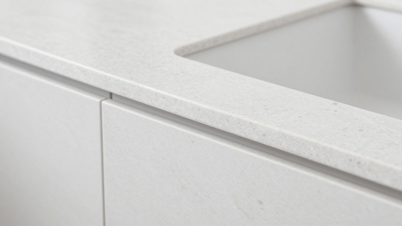 Modern white quartz kitchen backsplash with elegant veining.