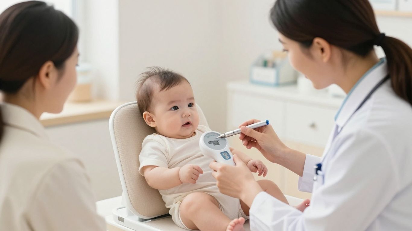 Profesional midiendo el crecimiento del bebé