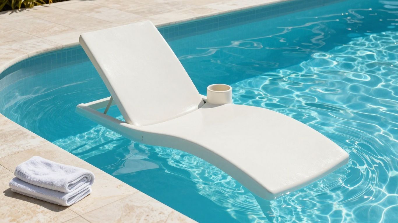 A pool lounger with practical details near the water