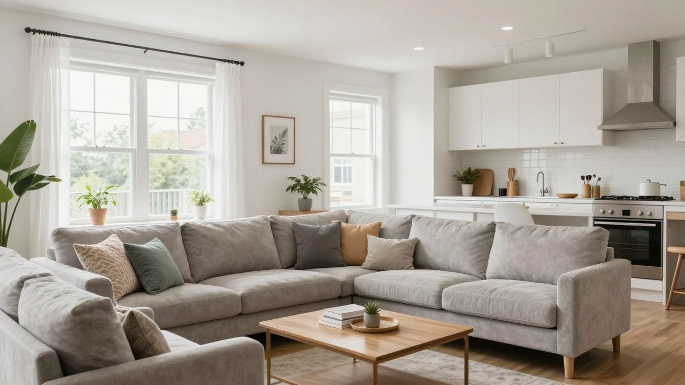 Stylish living room in a multi-unit Airbnb property.