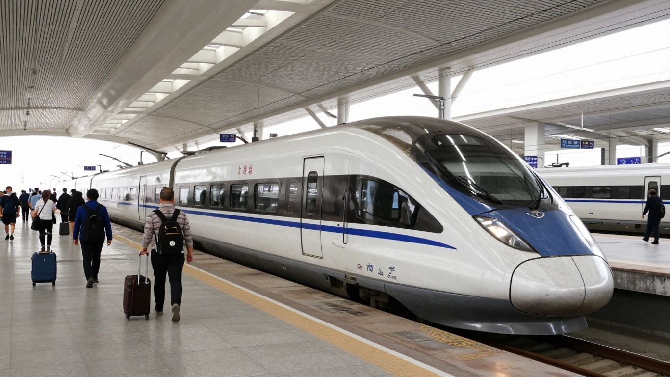 High-speed train arriving at modern Chinese station