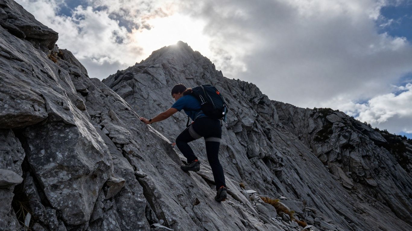 Persona escalando montaña, esfuerzo y recompensa.
