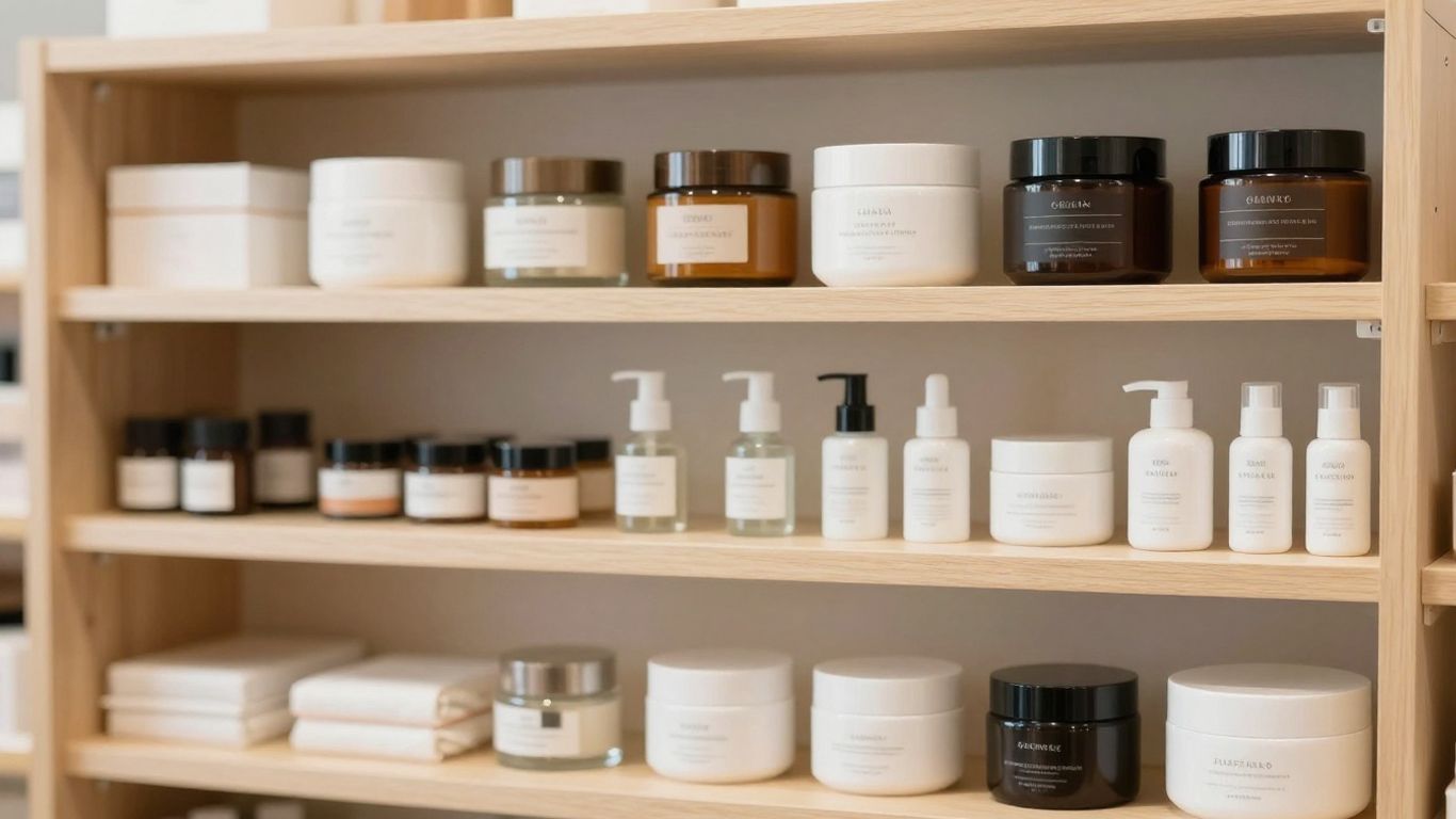 Organized product shelf with distinct item categories.