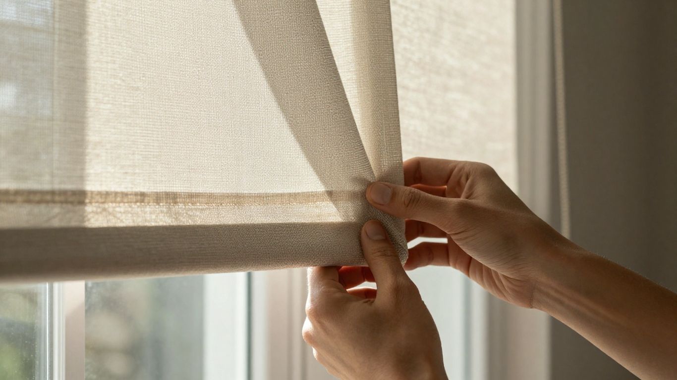 Hands adjusting elegant window blinds with sunlight streaming through.