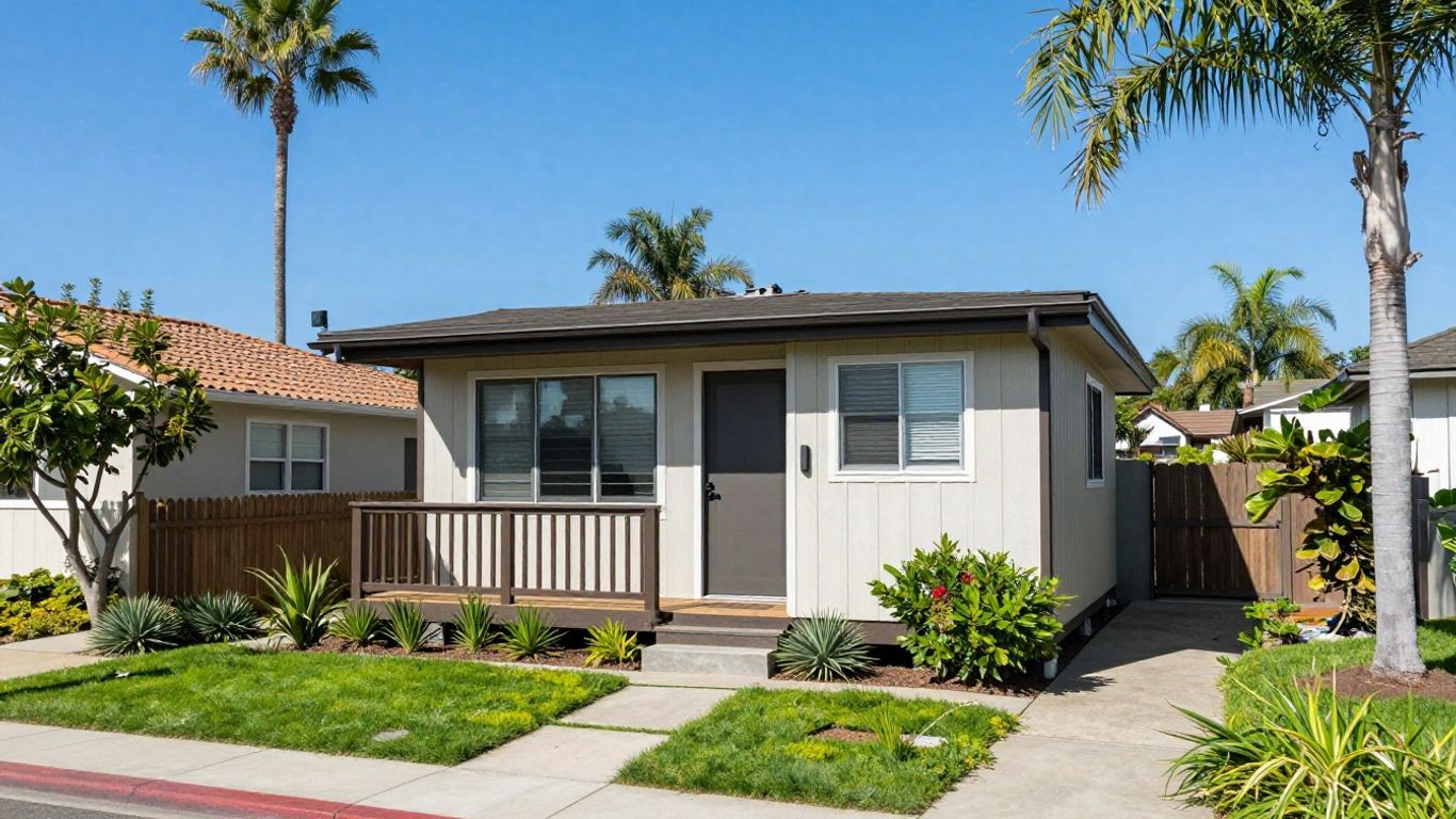 California tiny home among neighborhood houses and palm trees