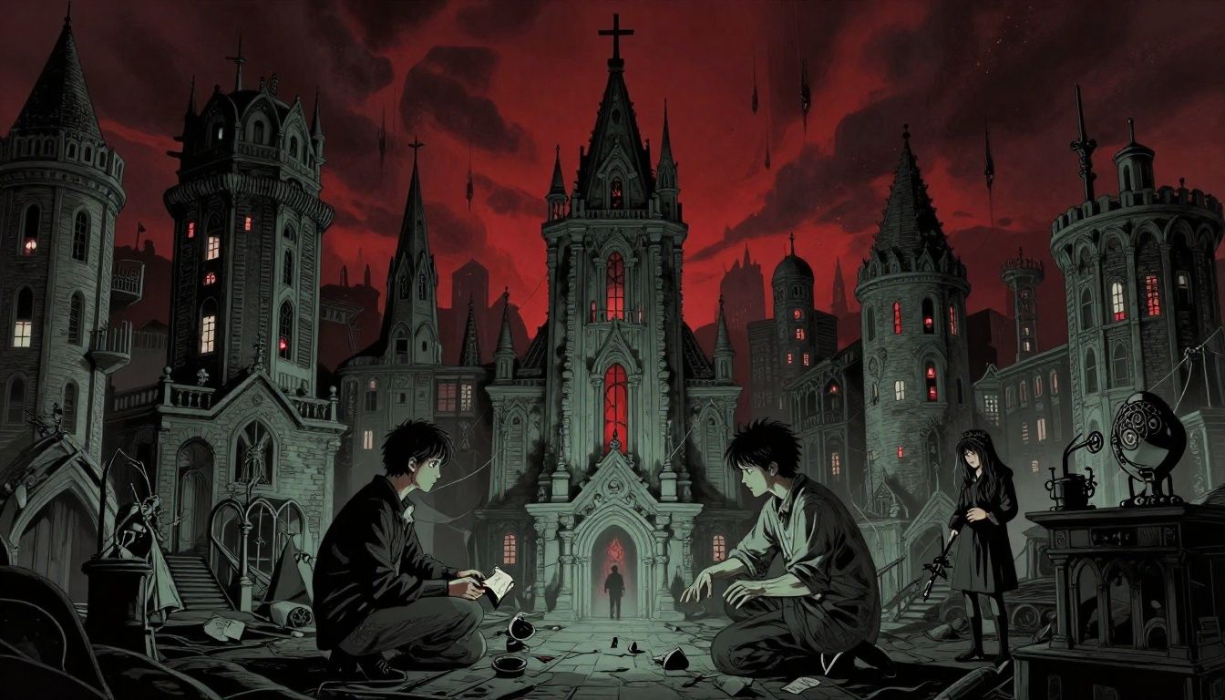 Arte sombria de Hidden City com uma cidade misteriosa, personagens investigando pistas e elementos sobrenaturais