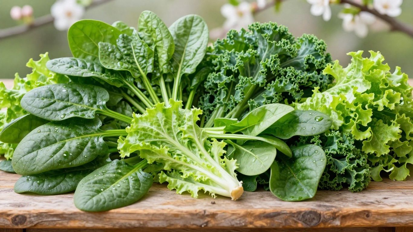 Frisches Blattgemüse auf einem Holztisch im Frühling