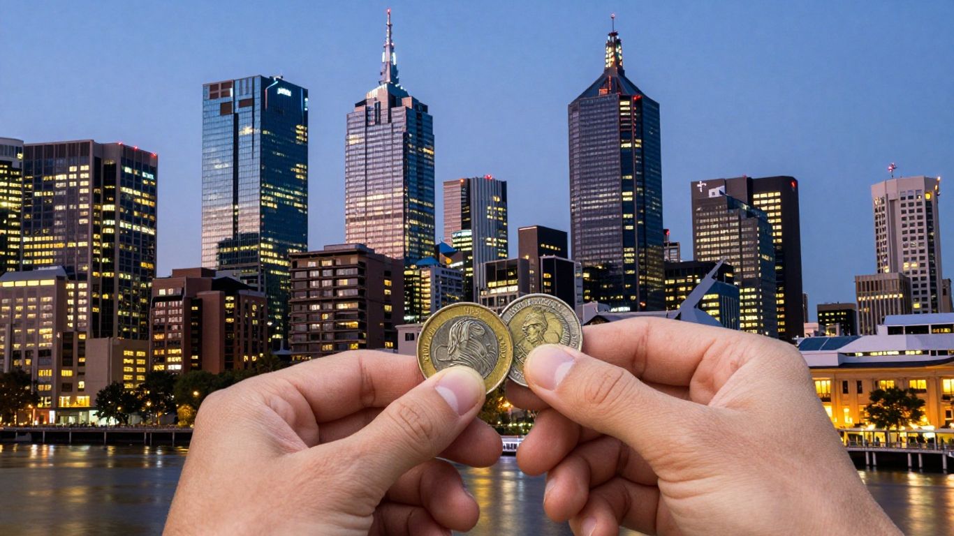 Melbourne skyline and Australian dollars for earning potential.