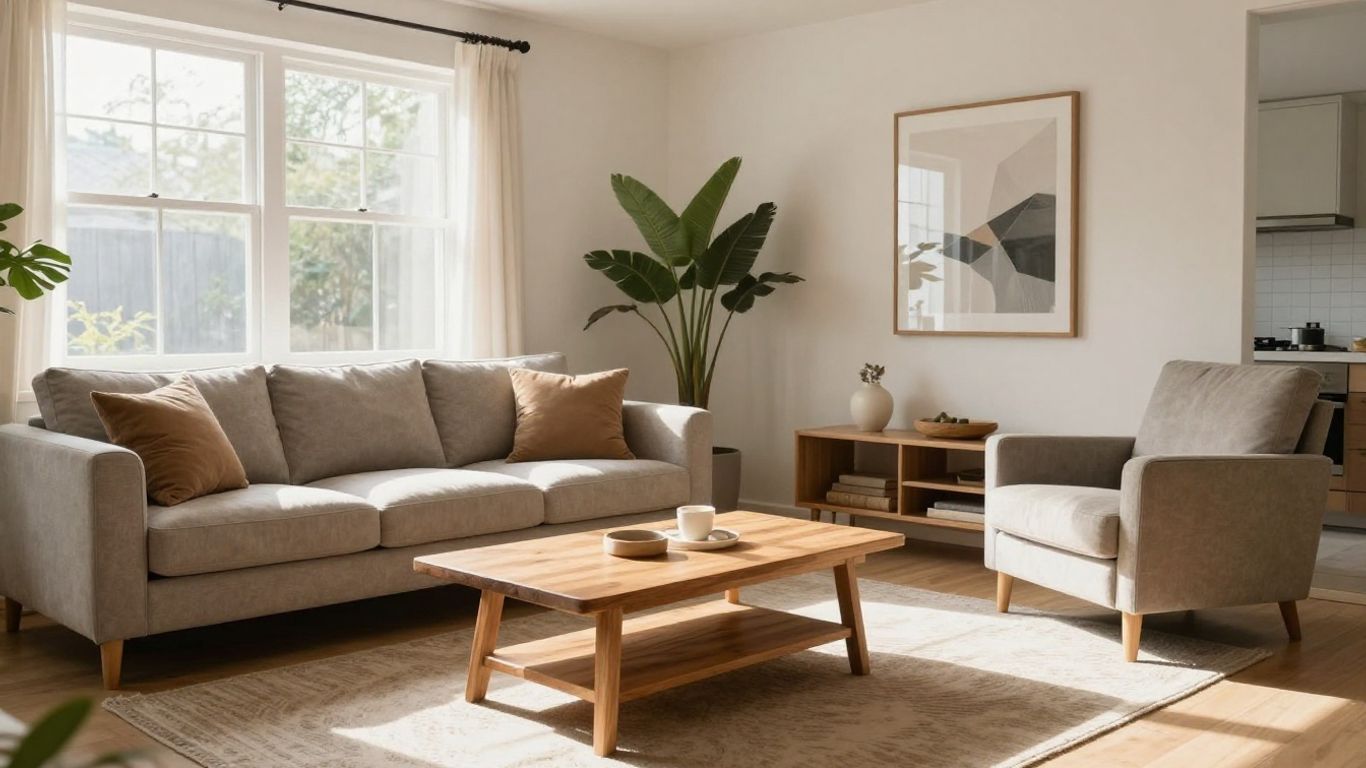 Muebles duraderos en sala de estar moderna para Airbnb.