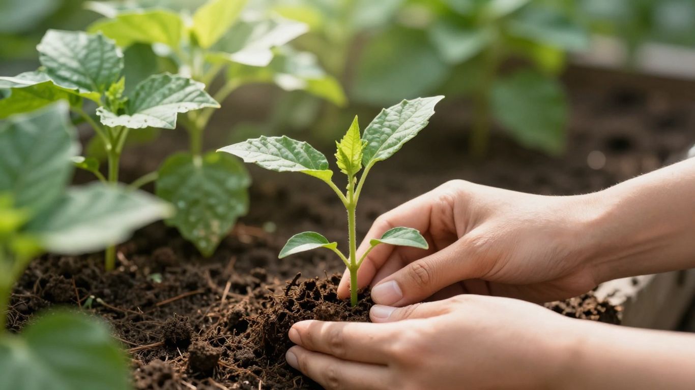 Hands planting a seedling in soil, symbolizing growth.