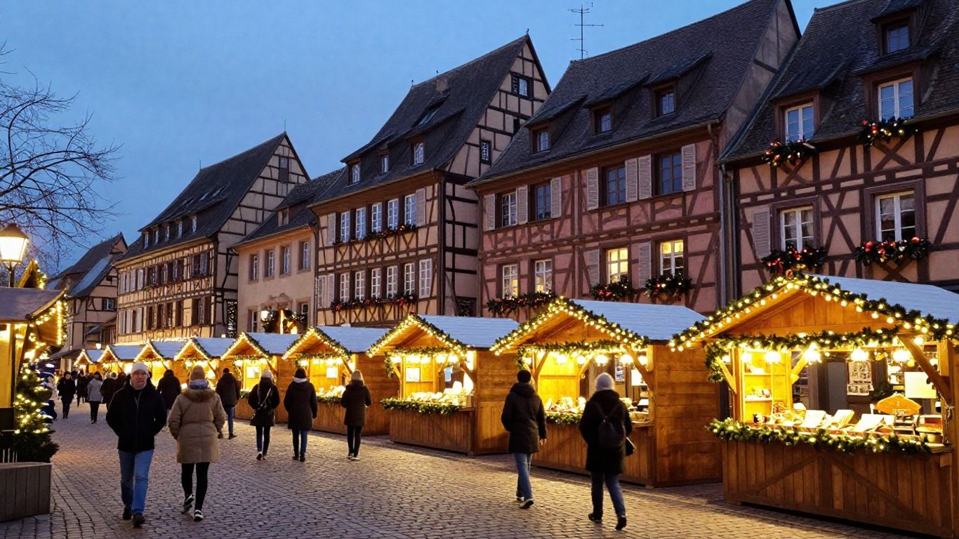 Illuminated Colmar market chalets at dusk