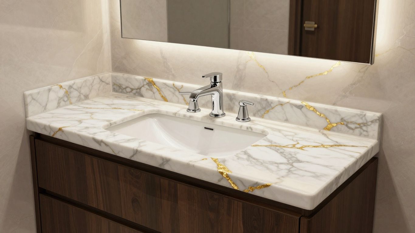Calacatta Gold marble vanity with dark wood cabinets.