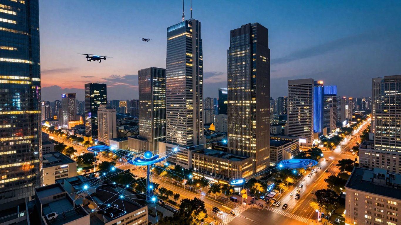 Oraș modern conectat, cu zgârie-nori și rețele digitale.