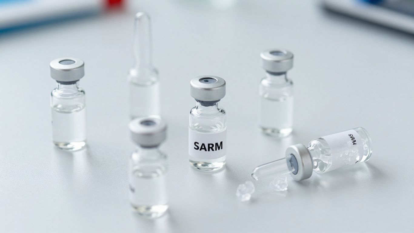 SARM compounds in vials on a lab surface.