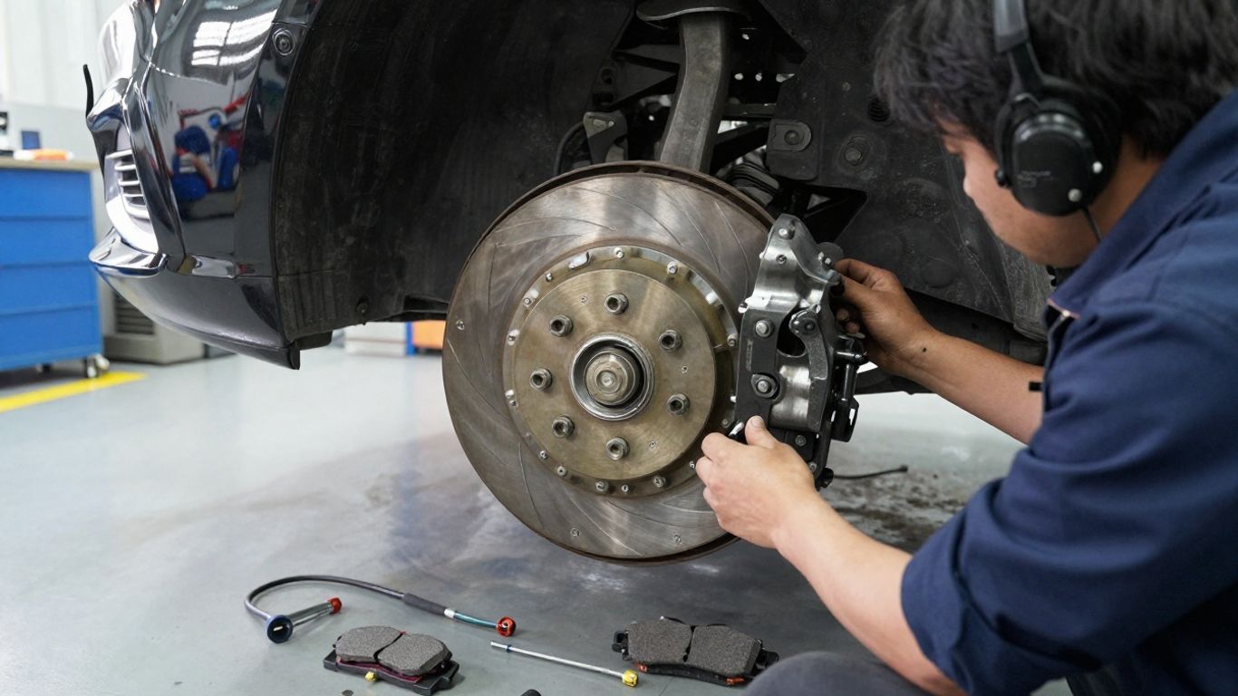 Technician servicing a luxury sedan brake assembly