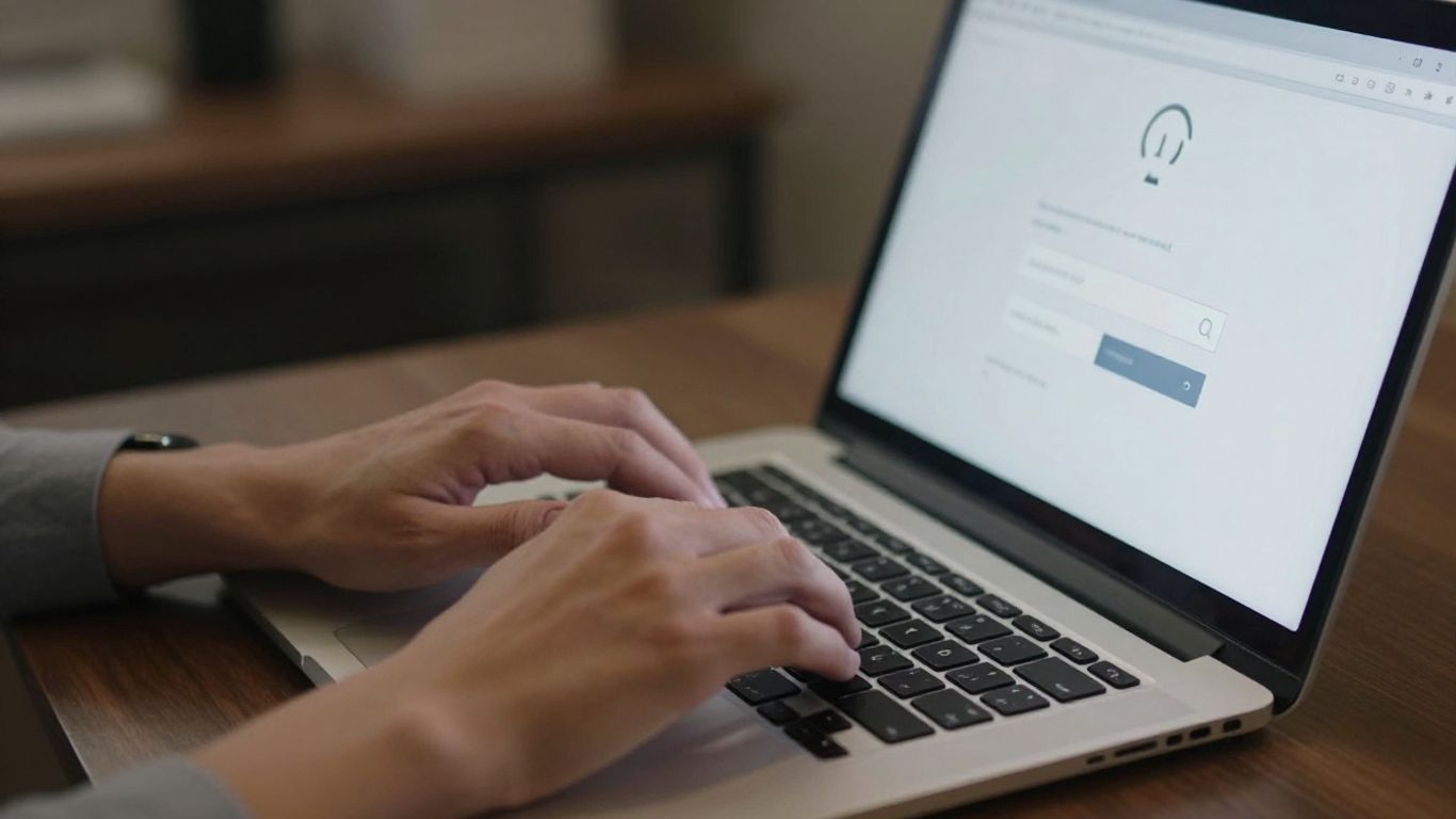 Hands typing on a laptop login screen.