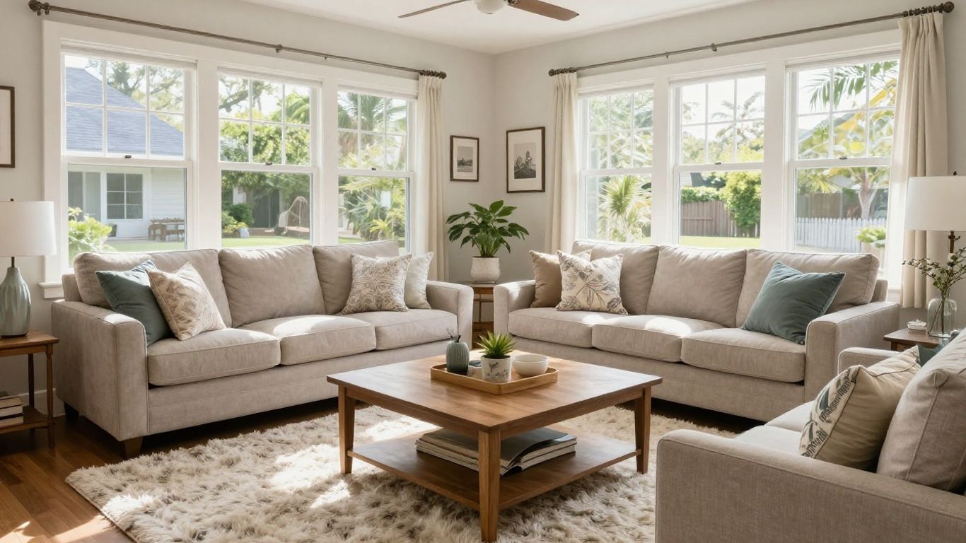 Cozy vacation rental living room with sunlight and comfortable furniture.