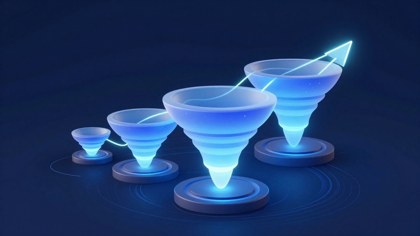 Sales funnel diagram with interconnected stages and growth elements.