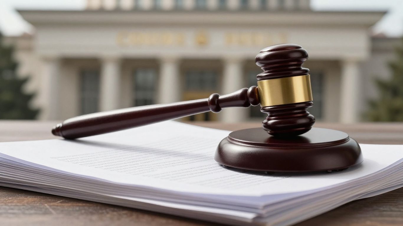 Gavel on legal documents with courthouse background.