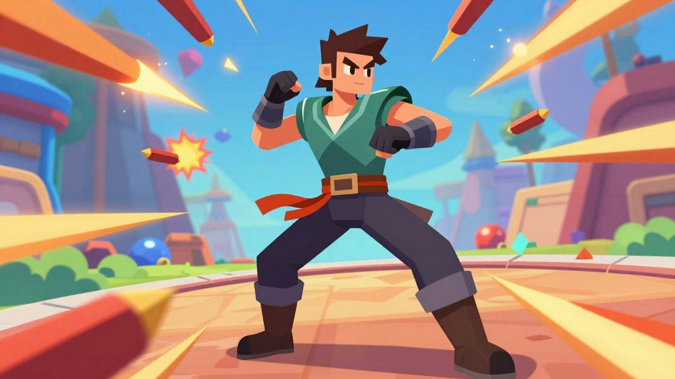 Poxel.io game action scene with warrior dodging projectiles.