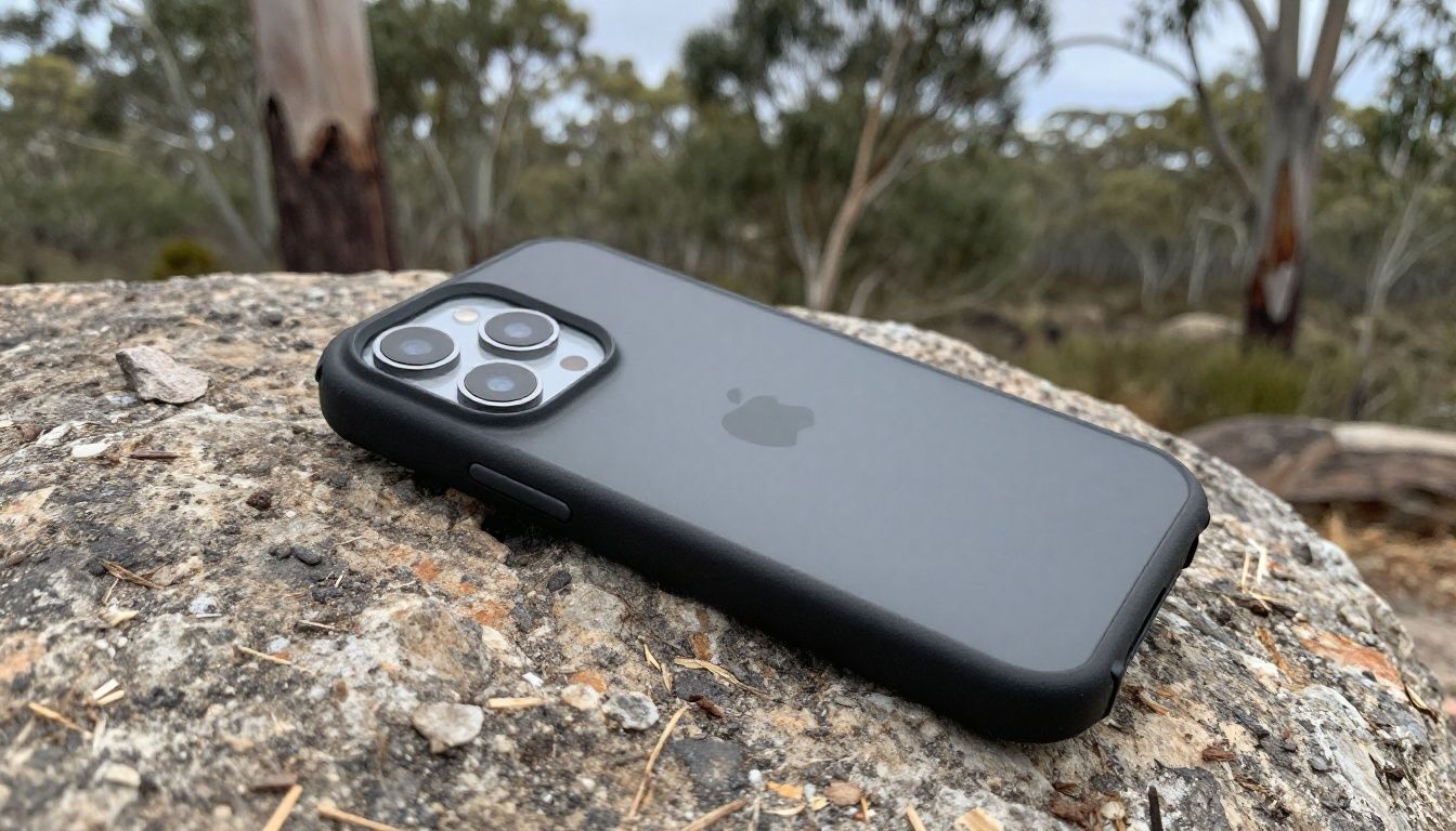 An iPhone 17 in a rugged, dust-proof case resting on a rock during a bushwalk, with Australian gum trees in the background.