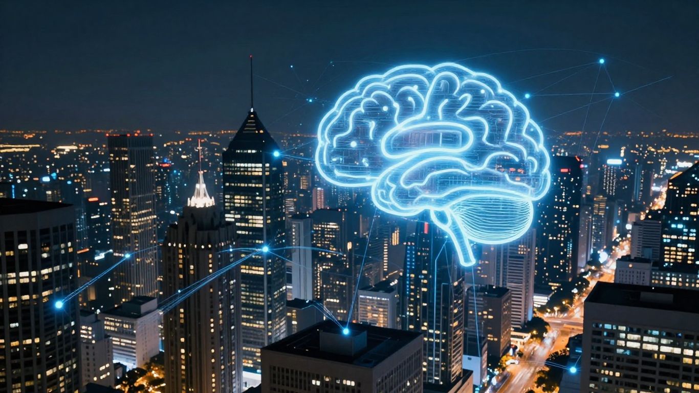 Cérebro de IA em uma cidade futurista atraindo clientes.