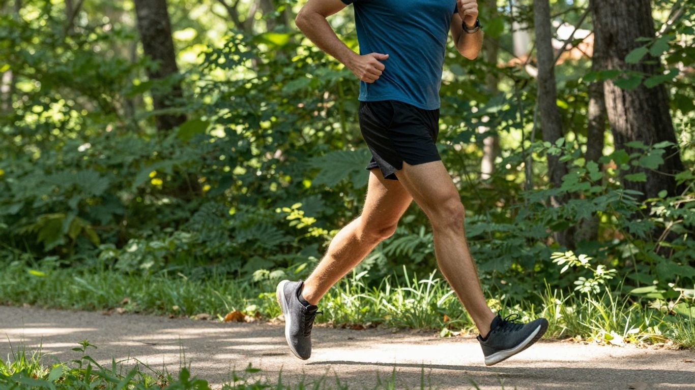 Person running outdoors, focused on fitness.