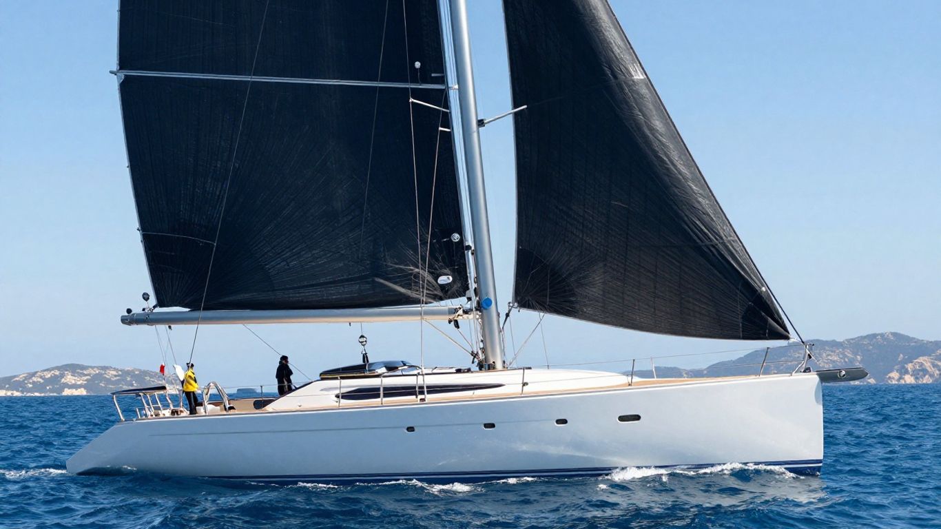 Luxurious 100 ft sailing yacht on bright blue ocean.