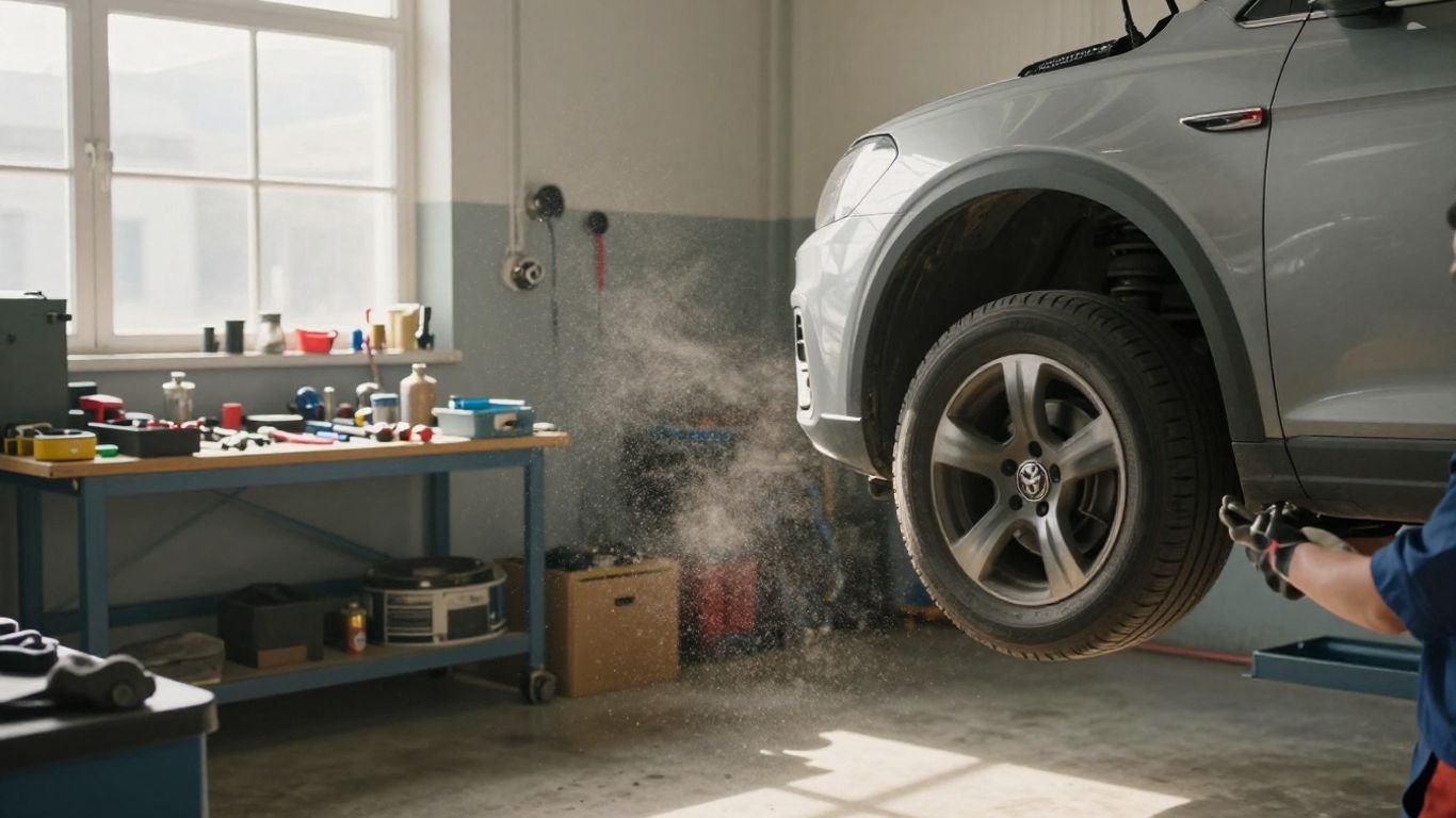 Volkswagen car being repaired in a workshop.