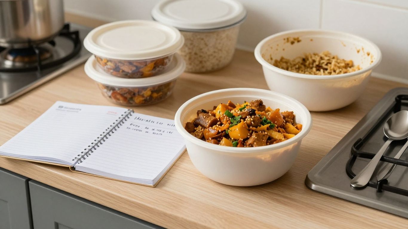 Student opening Indian meal boxes beside books